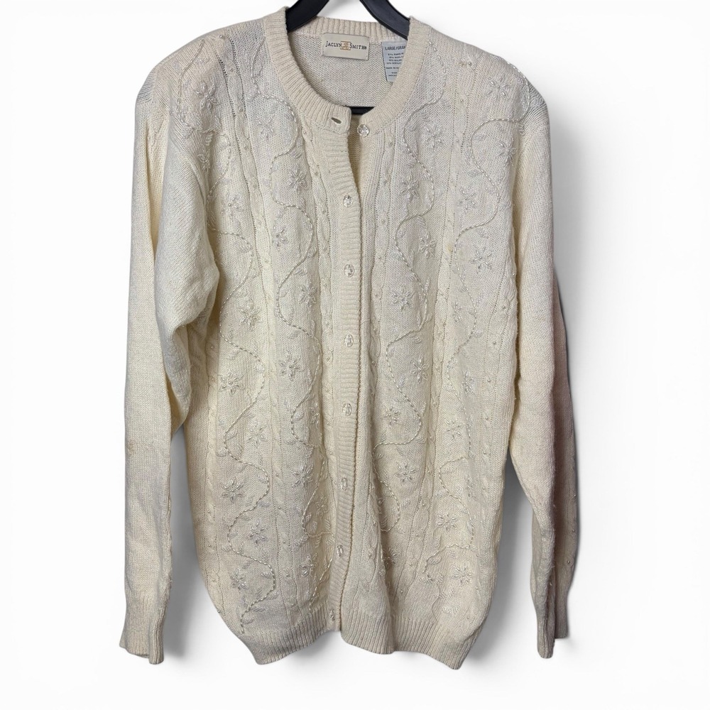 Vintage Jaclyn Smith Cardigan Sweater Size Large Cream Wool Blend Beaded Grandma